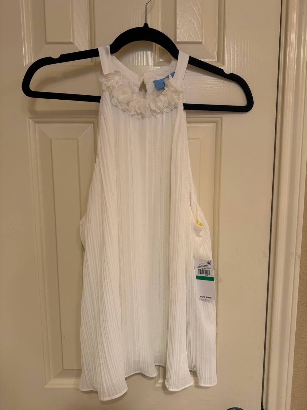CeCe Cream Pleated Halter Tank with Floral Trim